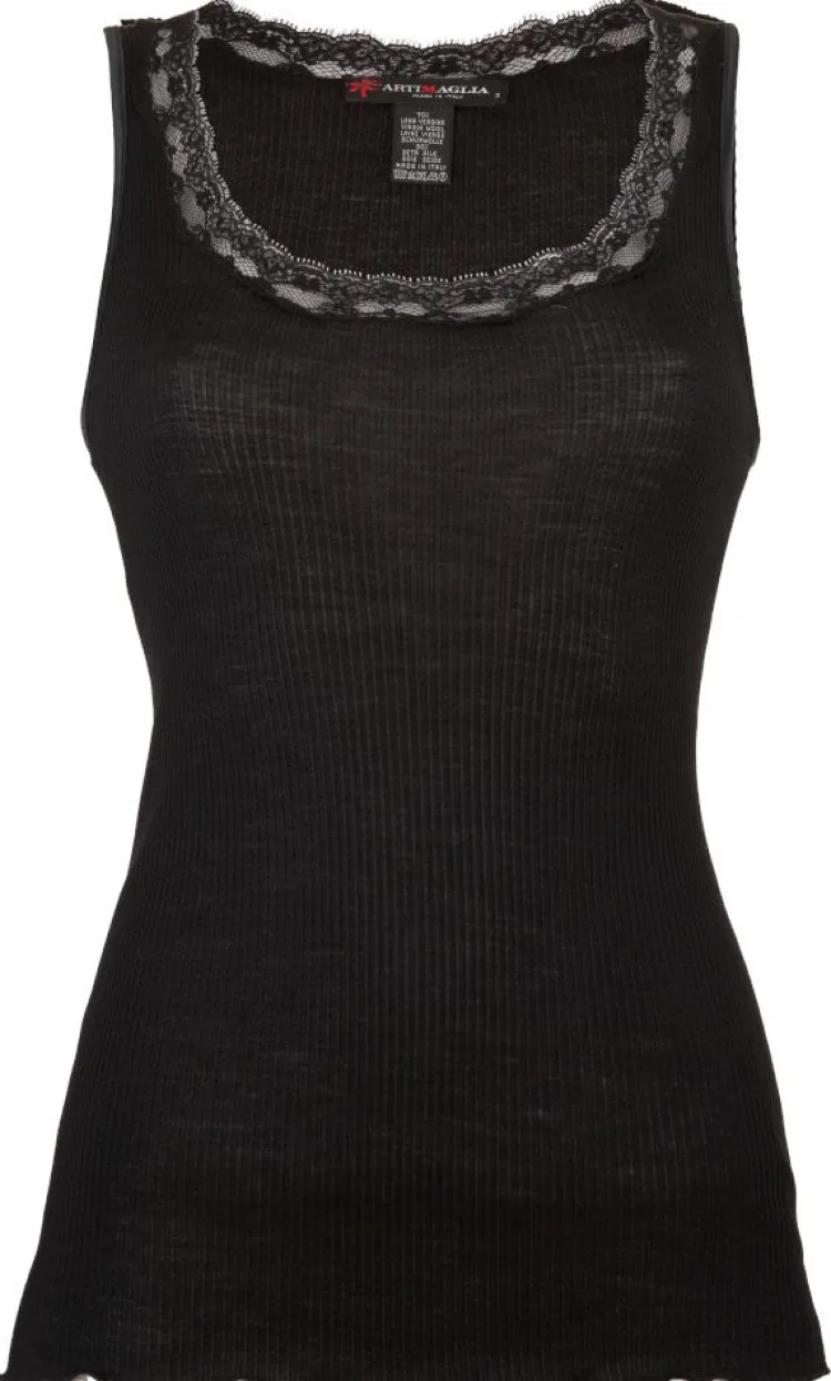 Wolle-Seide Tops|Camisole (Breite Träger)^Artimaglia Merinowolle-Seide UNTERHEMD gerippt mit Spitze von