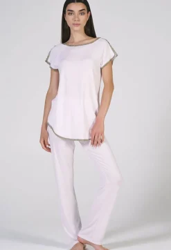 Feine Pyjamas^Verdiani Modal Kurzarm-Schlafanzug WKND No. 9 puderrosé von puderrosé mit bronzefarbener Spitze