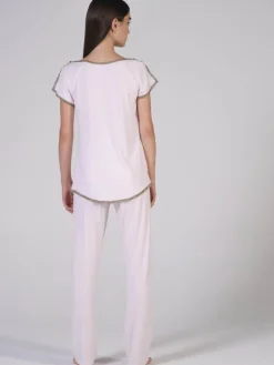 Feine Pyjamas^Verdiani Modal Kurzarm-Schlafanzug WKND No. 9 puderrosé von puderrosé mit bronzefarbener Spitze