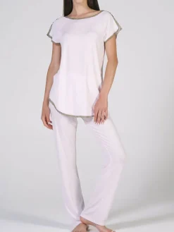 Feine Pyjamas^Verdiani Modal Kurzarm-Schlafanzug WKND No. 9 puderrosé von puderrosé mit bronzefarbener Spitze