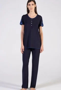 Feine Pyjamas^Verdiani Modal Kurzarm-Schlafanzug BLU dunkelblau von dunkelblau mit Spitze