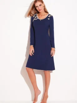 Edle Nachthemden^Chiara Fiorini Modal Langarm Nachthemd BLU No. 3 dunkelblau von blau mit Spitze