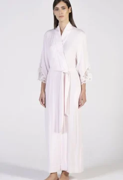 Exquisite Morgenmäntel|Morgenmantel Lang^Verdiani Modal Morgenmantel lang mit Spitze von puderrosé oder sahneweiß mit Spitze