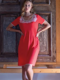Edle Nachthemden^Chiara Fiorini Modal Nachthemd kurz SUMMER ROSSO No. 3 korallenrot von korallen-rot mit creme-weiß