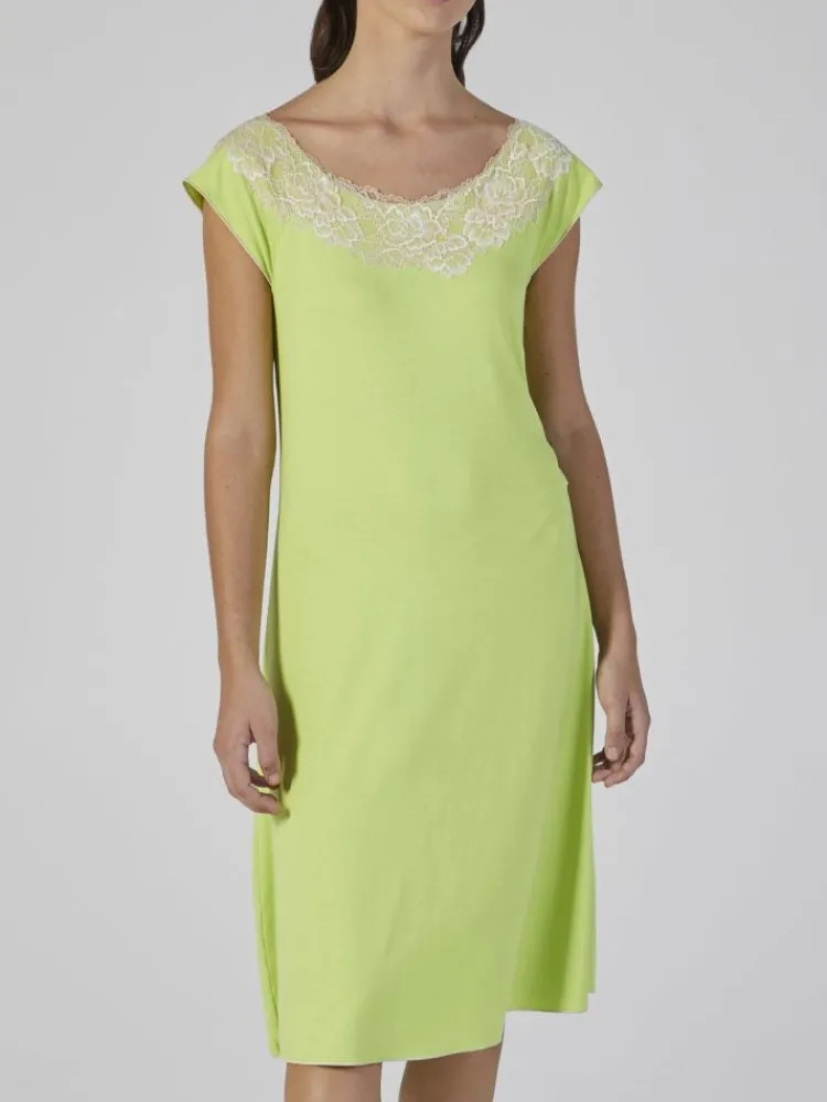 Edle Nachthemden^Verdiani Modal Nachtkleid mit Spitze knielang KIWI grün von kiwi grün mit creme farbener Spitze