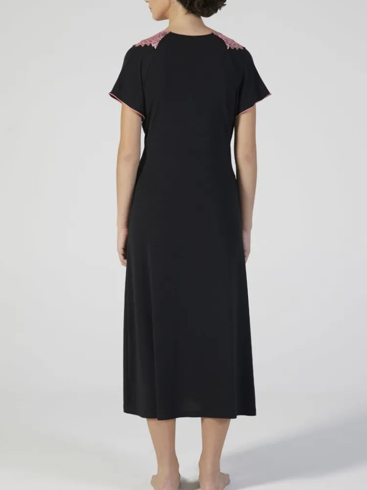 Edle Nachthemden^Verdiani Modal Nachtkleid mit Spitze wadenlang schwarz-rosa von schwarz mit coral rosa Spitze