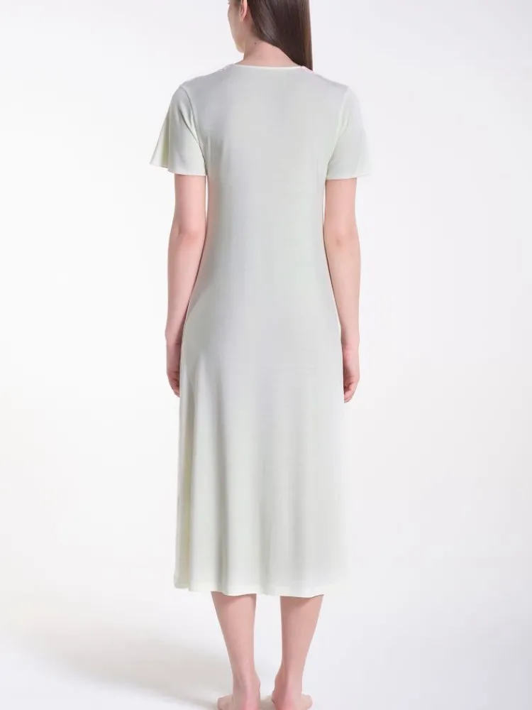 Edle Nachthemden^Verdiani Modal Nachtkleid wadenlang GERMOGLIO No. 1 zartgrün von zartgrün mit rosa Spitze