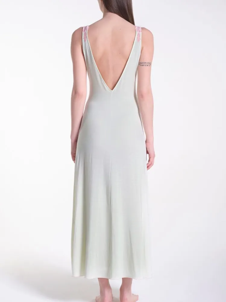 Edle Nachthemden^Verdiani Modal Neglige lang GERMOGLIO No. 2 zartgrün von zartgrün mit rosa Spitze