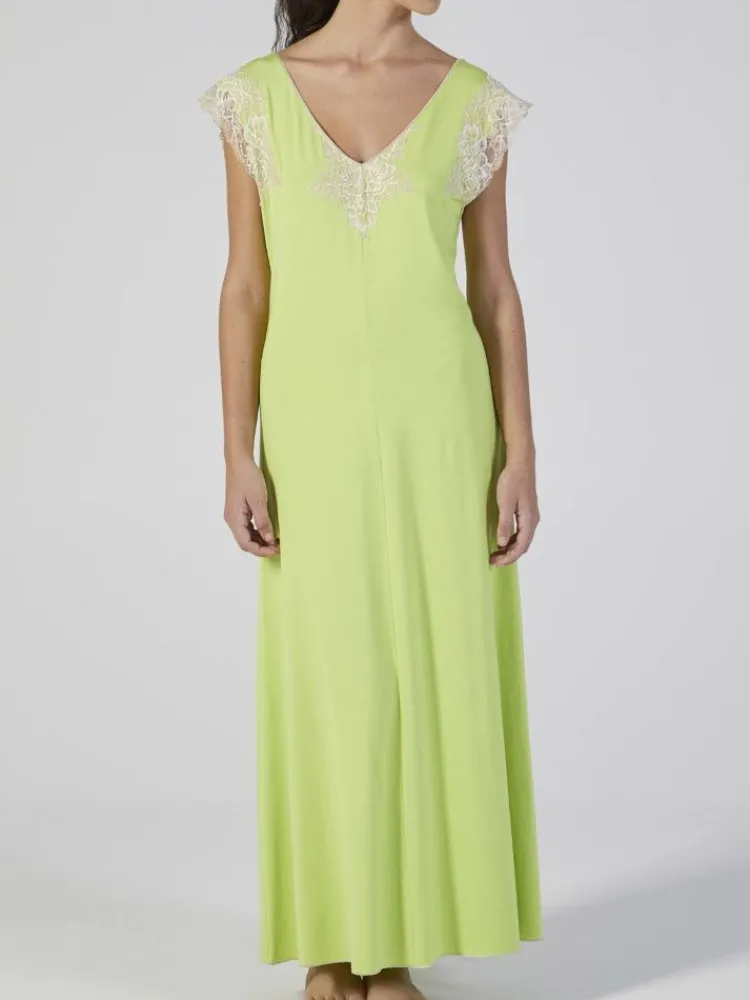 Edle Nachthemden|Alle Negligés^Verdiani Modal Neglige mit Spitze lang KIWI grün von kiwi grün mit creme farbener Spitze