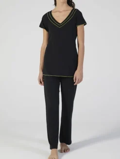 Feine Pyjamas^Verdiani Modal Pyjama schwarz-kiwigrün von schwarz mit grünen Ziernähten