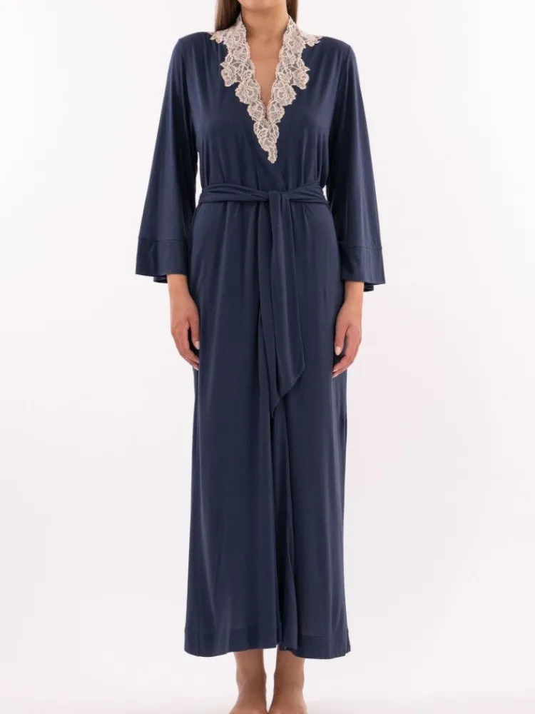 Exquisite Morgenmäntel|Morgenmantel Lang^Verdiani Modal 3/4-Ärmel Morgenmantel wadenlang blau-rose von blau mit rosefarbener Spitze