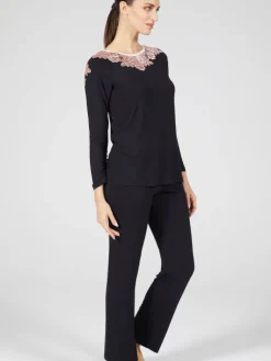 Feine Pyjamas^Verdiani Modal Schlafanzug schwarz-rosa von schwarz mit rosa Spitze