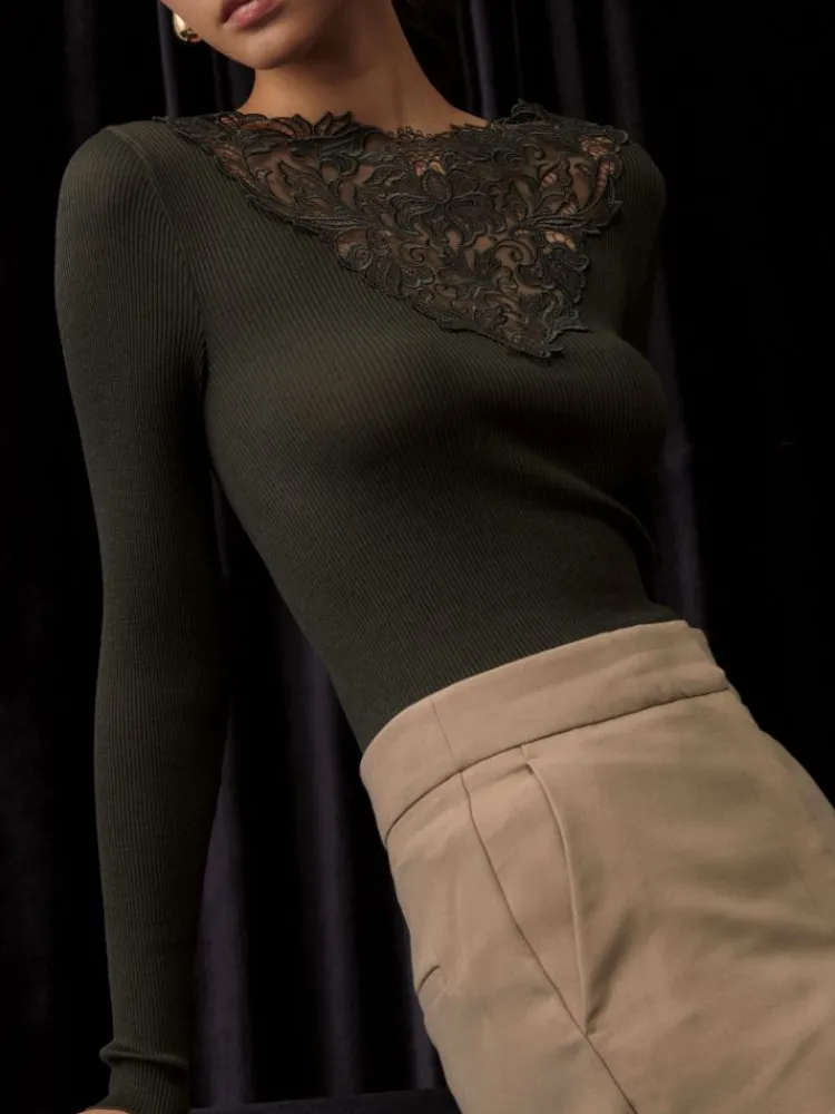 Shirt Mit Spitze|Wolle-Seide Shirts^Oscalito Moosgrünes Wolle-Seide Langarmshirt mit Blumenspitze von in moosgrün