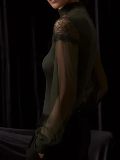 Shirt Mit Spitze|Wolle-Seide Shirts^Oscalito Moosgrünes Wolle-Seide Rippjersey LANGARMSHIRT mit Tüllärmeln von in moosgrün