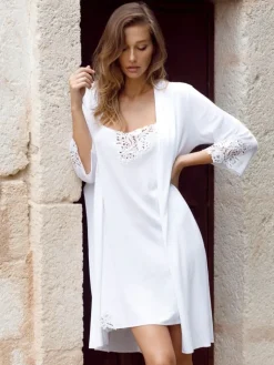 Exquisite Morgenmäntel|Morgenmantel Kurz^IMEC Morgenmantel CAROLA weiß Modal-Baumwolle von weiß mit Spitze