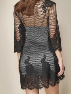 Morgenmantel Kurz|Morgenmantel Mit Spitze^Escora Morgenmantel VALENTINA mit Spitze von schwarz oder weiss