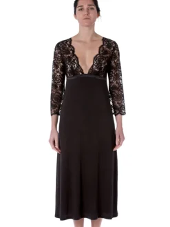 Edle Nachthemden^IMEC Nachtkleid EMMA lang aus Modal und Spitze von schwarz