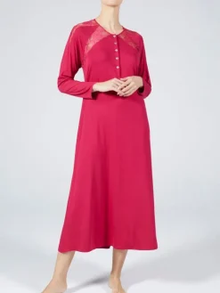 Edle Nachthemden^Verdiani Nachtkleid lang LAMPONE himbeer-rot von himbeere rot mit Spitze