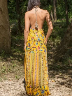 Strandkleider & Sommerkleider|Kleider^Laetitia Beachwear Neckholder Sommerkleid mit Seide ADELIA gelb von gelb-bunt mit Häkel Applikationen