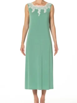 Edle Nachthemden|Alle Negligés^IMEC Neglige lang DANIELA schilfgrün mit Modal von schilfgrün mit creme-weißer Spitze