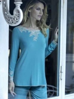 Feine Pyjamas^IMEC Pyjama SOPHIE jade-grün Modal von jade mit cremefarbener Spitze