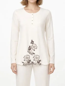 Feine Pyjamas^Exilia Pyjama TAMIKA mit Modal creme von elfenbein-weiß mit ebenholz-brauner Spitze