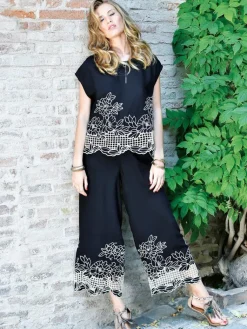 Strandhose & Jumpsuit|Freizeit- & Reisekleidung^Chiara Fiorini Resortwear Anzug mit Hohlsaum-Stickerei NERO von schwarz mit creme