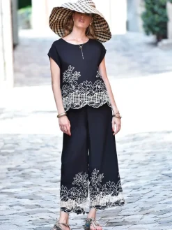 Strandhose & Jumpsuit|Freizeit- & Reisekleidung^Chiara Fiorini Resortwear Anzug mit Hohlsaum-Stickerei NERO von schwarz mit creme