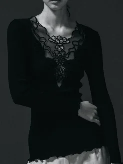 Shirt Mit Spitze|Wolle-Seide Shirts^Oscalito Rippjersey Langarmshirt mit Blumenspitze von in schwarz