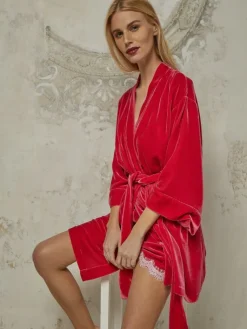 Lounge-Wear|Exquisite Morgenmäntel^Vivis Samt Kimono DANY von mit Seide rot oder petrol