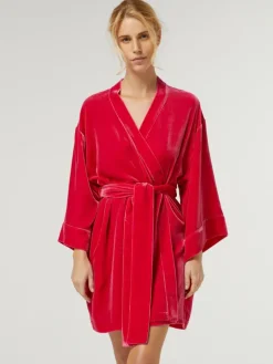 Lounge-Wear|Exquisite Morgenmäntel^Vivis Samt Kimono DANY von mit Seide rot oder petrol