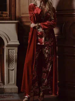 Lounge-Wear|Hausmantel (Warm)^Marjolaine Samt Morgenmantel VELVET in von burgunderrot