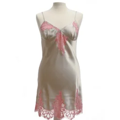 Alle Negligés|Seidennachthemd^Luna di Seta Seide Baby-Doll FLORA LACE von nebelgrau mit erdbeereis-rosa Spitze