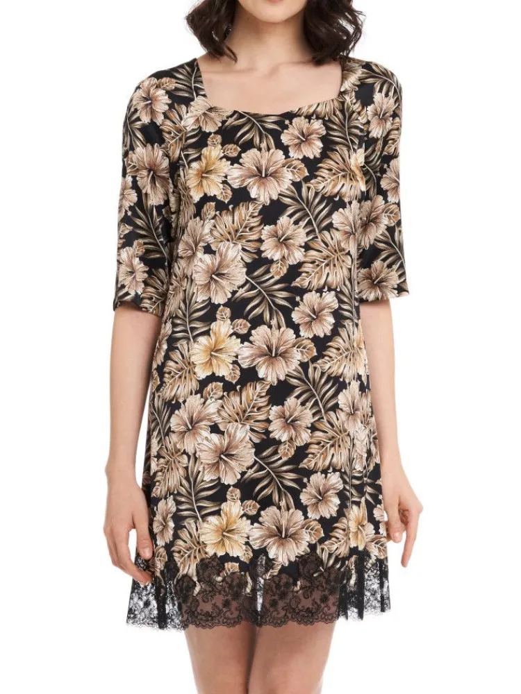 Kleider|Seide Sleepshirt^Gattina Seide Halbarm-Nachtkleid JOANNA mit Spitze von schwarz beige geblümt mit Spitze