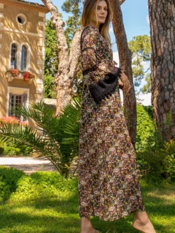 Strandkleider & Sommerkleider|Lounge-Wear^Marjolaine Seide Kleid OPHELIE lang Mousseline von schwarz bunt