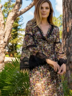 Strandkleider & Sommerkleider|Lounge-Wear^Marjolaine Seide Kleid OPHELIE lang Mousseline von schwarz bunt