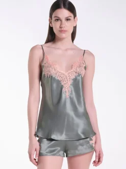 Seidenpyjama^Verdiani Seide Kurzpyjama OLIVE mit Spitze von oliv mit rosa Spitze