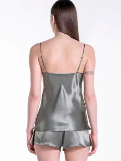 Seidenpyjama^Verdiani Seide Kurzpyjama OLIVE mit Spitze von oliv mit rosa Spitze