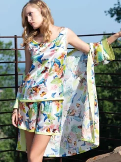 Seidenpyjama^Chiara Fiorini Seide Kurzpyjama PAPILLON No. 5 weiß-bunt von cremeweiß mit Druck