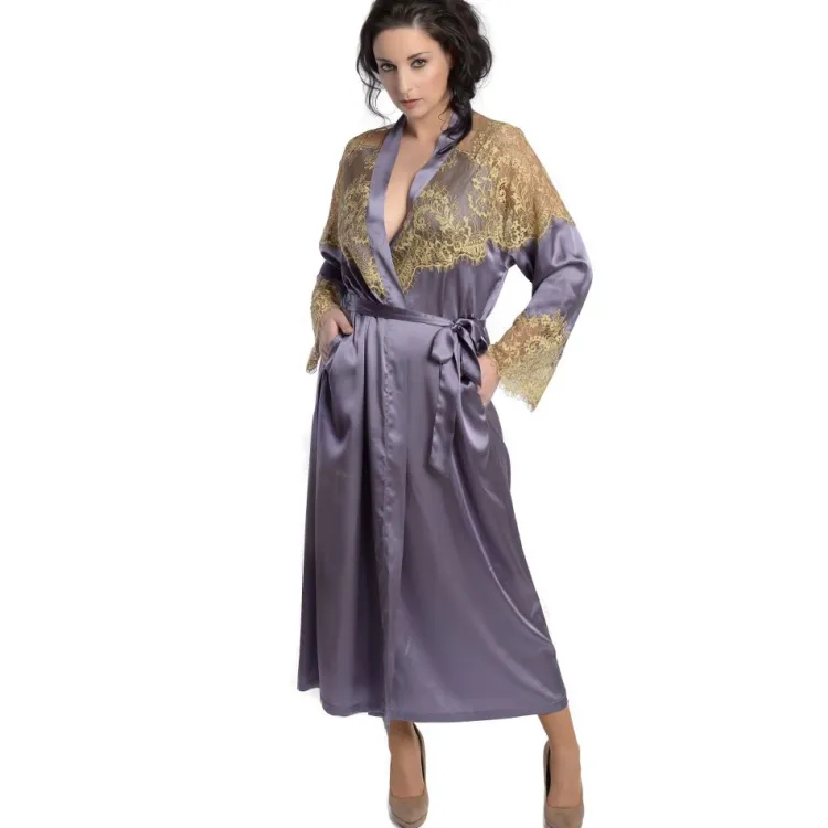 Morgenmantel Lang|Morgenmantel Aus Satin^Gattina Seide Morgenmantel lang SERENATA schwarz mit goldener Spitze mauve oder schwarz mit goldener Spitze