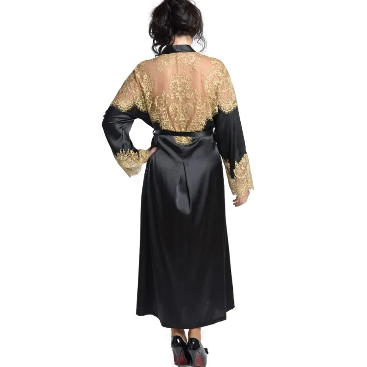 Morgenmantel Lang|Morgenmantel Aus Satin^Gattina Seide Morgenmantel lang SERENATA schwarz mit goldener Spitze mauve oder schwarz mit goldener Spitze