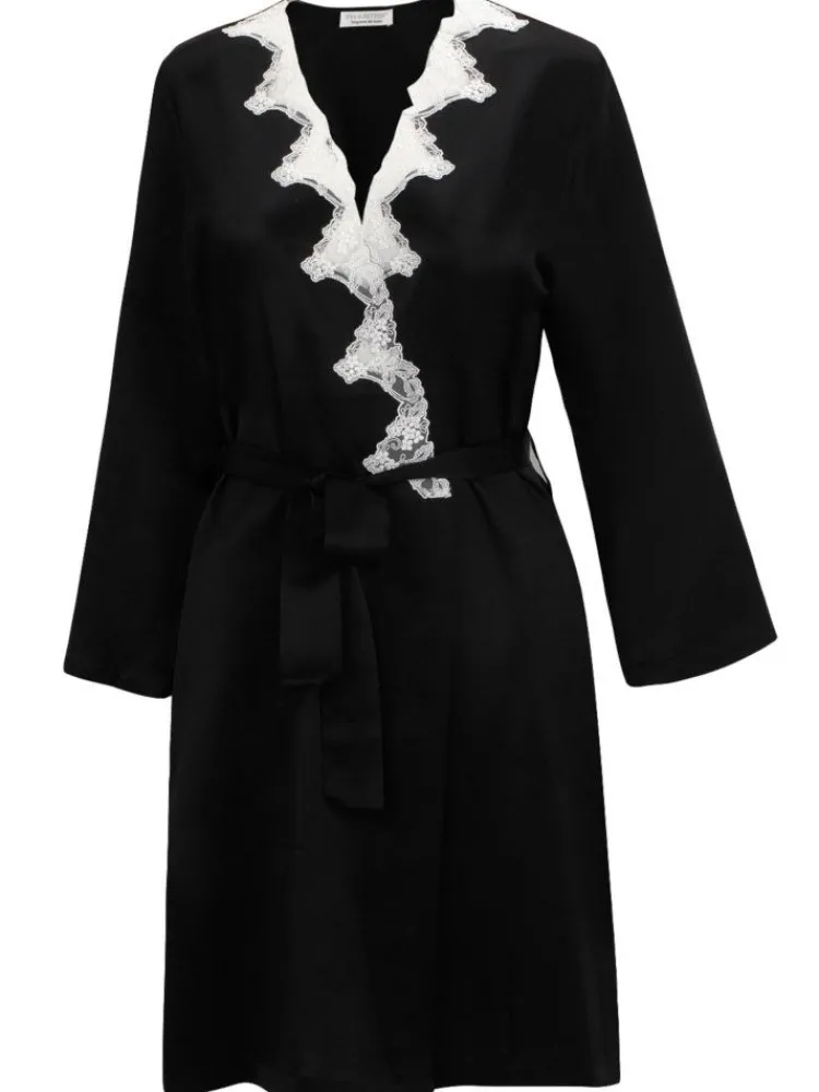 Morgenmantel Kurz|Morgenmantel Mit Spitze^Eva B. Bitzer Seide Morgenmantel SATIN + LACE kurz von schwarz gold-sand oder weiß mit Spitze