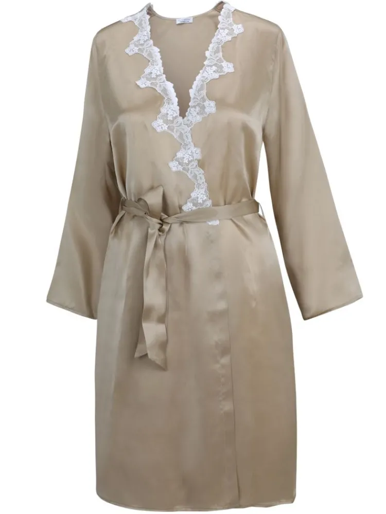 Morgenmantel Kurz|Morgenmantel Mit Spitze^Eva B. Bitzer Seide Morgenmantel SATIN + LACE kurz von schwarz gold-sand oder weiß mit Spitze