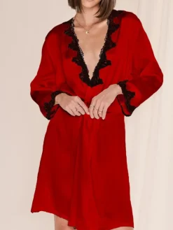 Morgenmantel Kurz|Morgenmantel Mit Spitze^Eva B. Bitzer Seide Morgenmantel SATIN + LACE kurz von schwarz gold-sand oder weiß mit Spitze