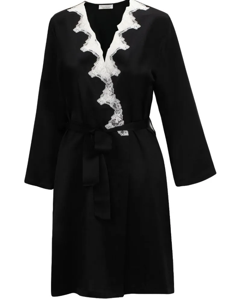 Morgenmantel Kurz|Morgenmantel Mit Spitze^Eva B. Bitzer Seide Morgenmantel SATIN + LACE kurz von schwarz gold-sand oder weiß mit Spitze