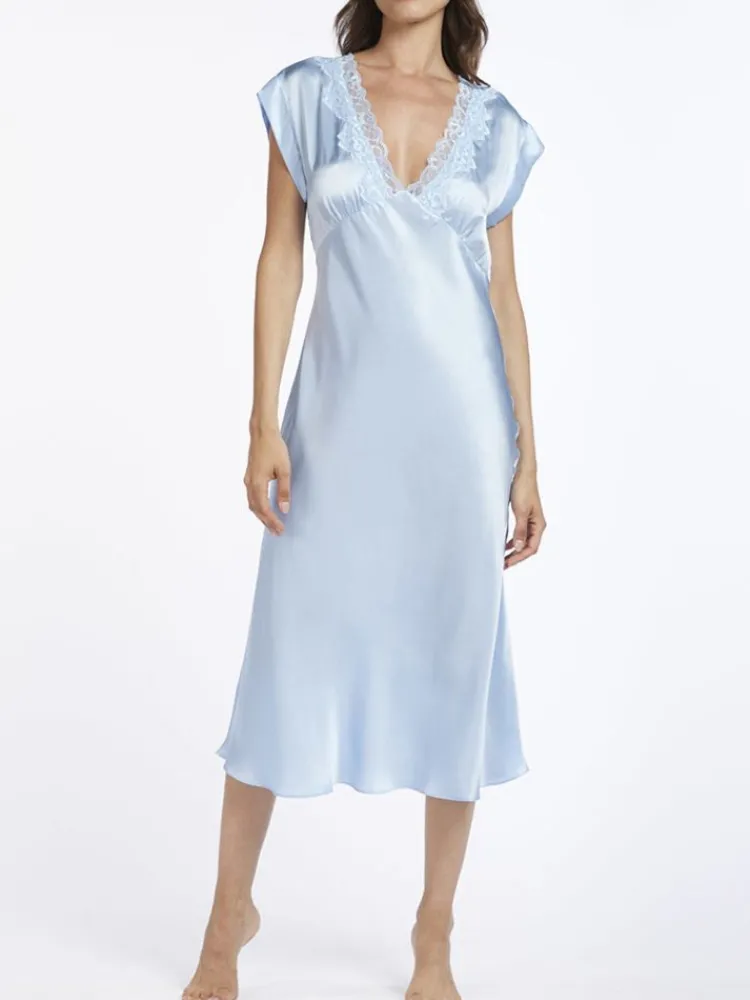 Seidennachthemd^Vivis Seide Nachthemd SUSANNA mit Spitze von babyblau