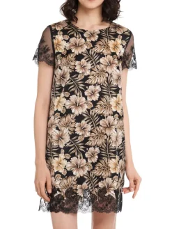 Seidennachthemd|Kleider^Gattina Seide Nachtkleid JOANNA mit Spitze von schwarz beige geblümt mit Spitze