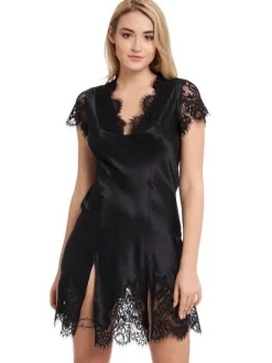 Alle Negligés|Seidenneglige^Gattina Seide Nachtkleid MAILIN mit Spitze von goldgrün oder schwarz mit Spitze