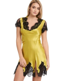 Alle Negligés|Seidenneglige^Gattina Seide Nachtkleid MAILIN Satin mit Spitze von goldgrün oder schwarz mit Spitze
