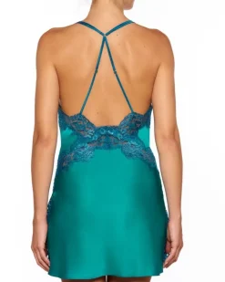 Alle Negligés|Seidenneglige^Millesia Seide Negligé ADRIANA von türkisblau oder gold-sand farben mit Spitze